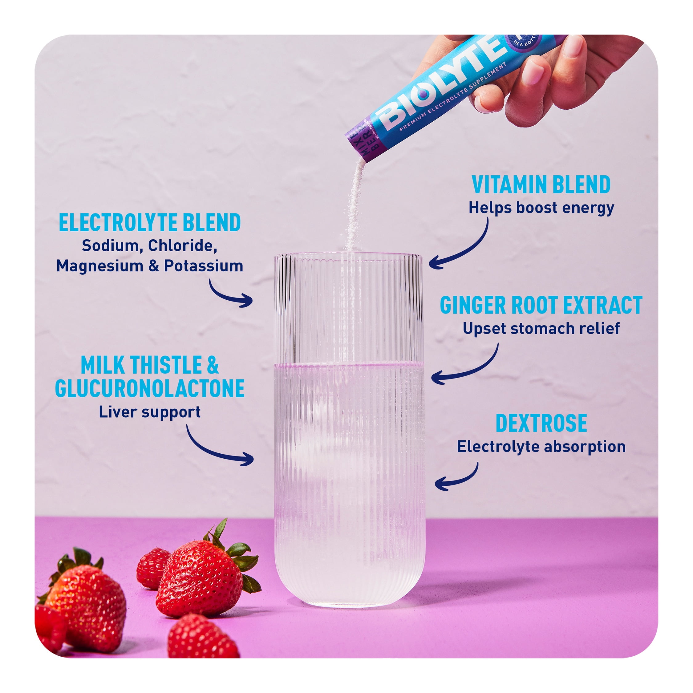 BIOLYTE Electrolyte Powder Packet Drink Mix for Rapid Hydration, Mixed Berry, 16 pack