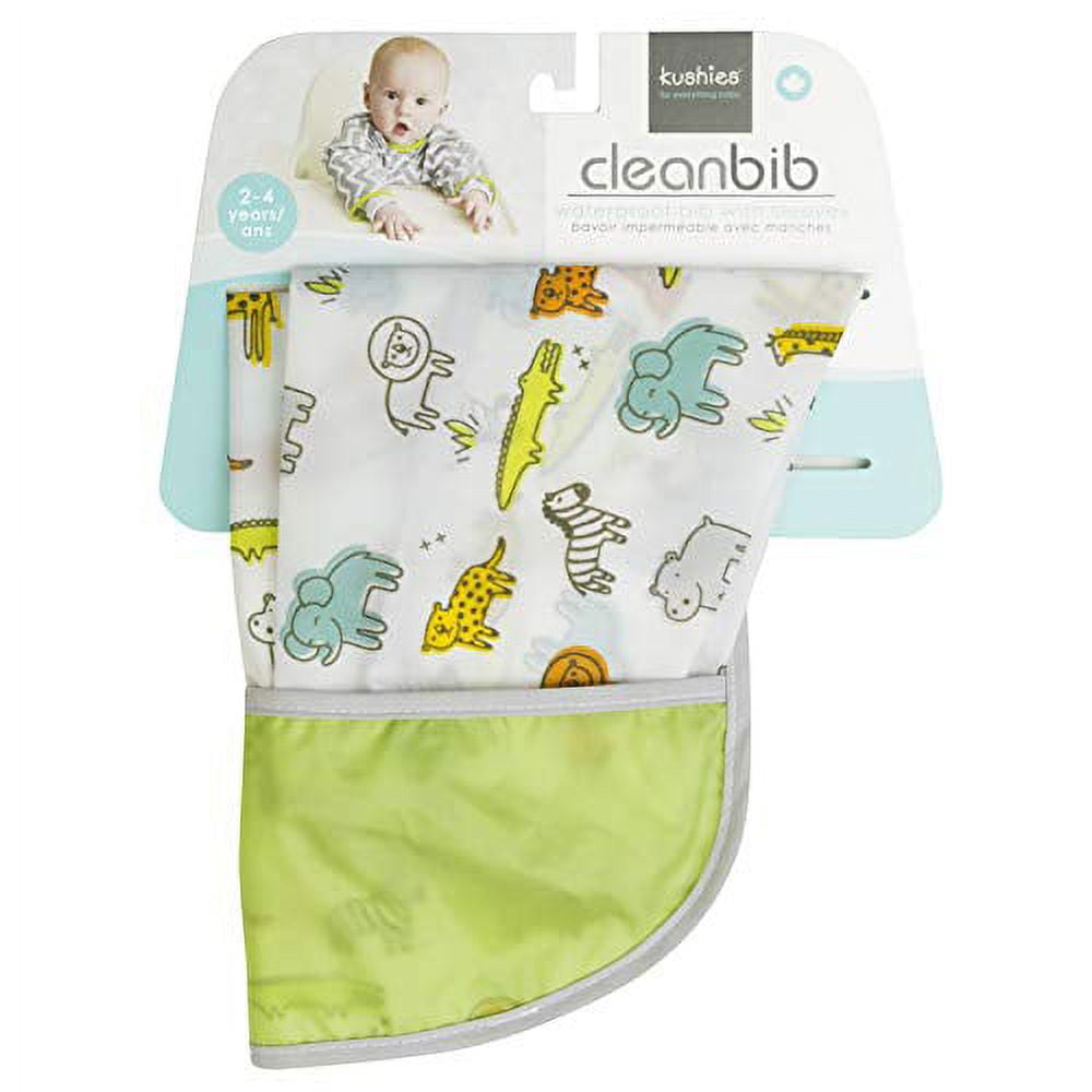 Kushies Cleanbib Art Smock Waterproof Clean Bib w/Pocket & Long Sleeves (2-4 Years, White Little Safari)