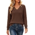 thumbnail image 3 of Sheghy Womens Autumn Winter Drop Shoulder Side Slit V Neck Baggy Fit Solid Color Knitted Pullover Brown S, 3 of 7