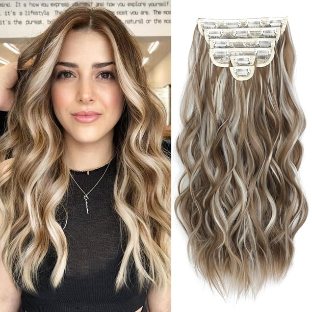Extensiones de cabello FLIACE con clip, 6 unidades, extensiones onduladas, color marrón claro y rubio ceniza, postizos gruesos que combinan bien extensiones de cabello (20 pulgadas, 6 unidades, marrón