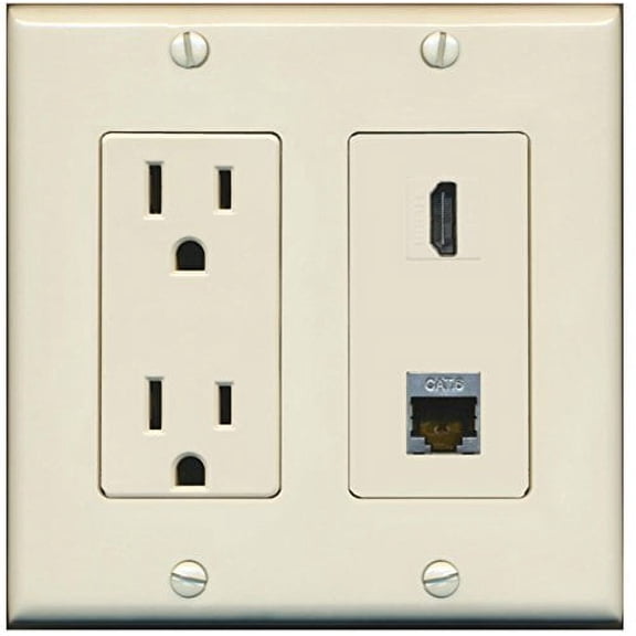 RiteAV - 15 Amp Power Outlet and 1 Port HDMI and 1 Port Shielded Cat6 Ethernet Decorative Type Wall Plate - Light Almond