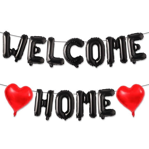 Wowhub Welcome Home Balloons Banner, Black Letter with Red Heart, Housewarming Decorations for Family Homecoming, Loved Ones Return Party Decor