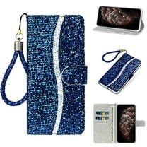 Glitter Wallet Case for iPhone 14 Pro, Sparkle Bling PU Leather Wrist Strap Soft TPU Shockproof Flip Cover with Kickstand Magnetic Clasp Card Slots Shining Case for Women Girls, Blue