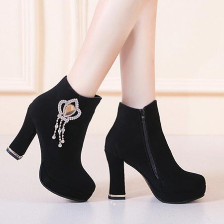 

Women Ankle Boots Autumn And Winter Fashion Rhinestone Crown Embellished Round Toe Waterproof Platform With Thick Square Heel Side Zipper Comfortable