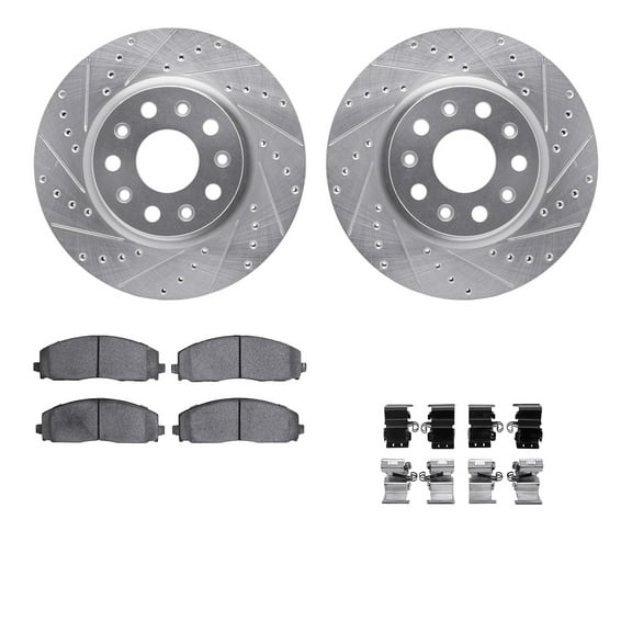 Dynamic Friction Company Front Brake Rotors-Drilled and Slotted-Silver with Ultimate Duty Performance Brake Pads includes Hardware 7412-42045