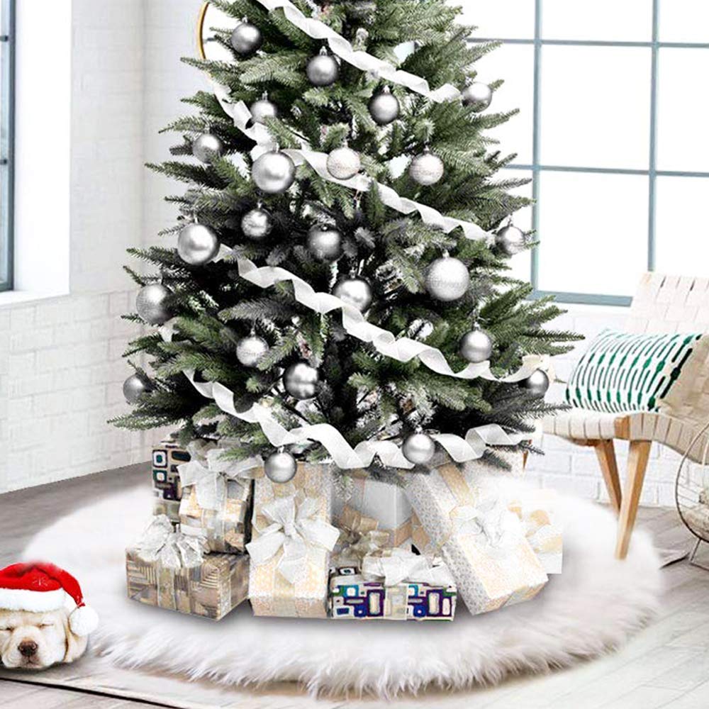 White Christmas Tree Skirt Base Faux Fur Xmas Floor Ornaments Decoration V5V6