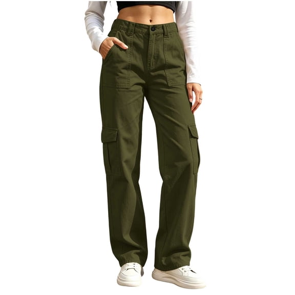 cocolona Womens High Waist Cargo Pants Elastic Button Waist Straight Wide Leg Outdoor Hiking Pants with Pockets