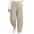 thumbnail image 3 of Women's Tapered Pants, Mid Rise Casual Pants with Elastic Waist & Side Pockets, Work Travel Running Outdoor Wear | VerBelle,Beige L, 3 of 8