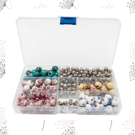 100 PCs Porcelain Bead Assortment & 120 Filigree Silver Beads Container Kit with Elastic Cord - Jewelry Making Finding Supplies for