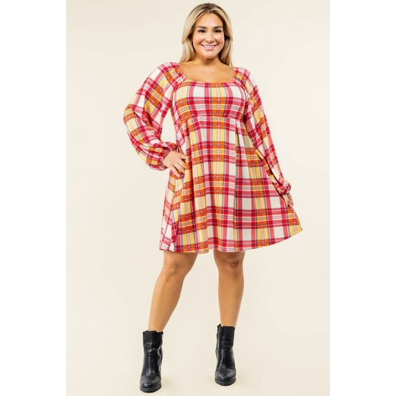 Yellow Red Plaid Square Neck Bishop Sleeve Mini Dress_Plus