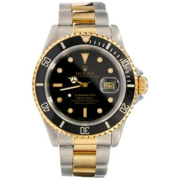 Pre-Owned Mens 1990s Rolex 2Tone Submariner Watch Black Dial 16613