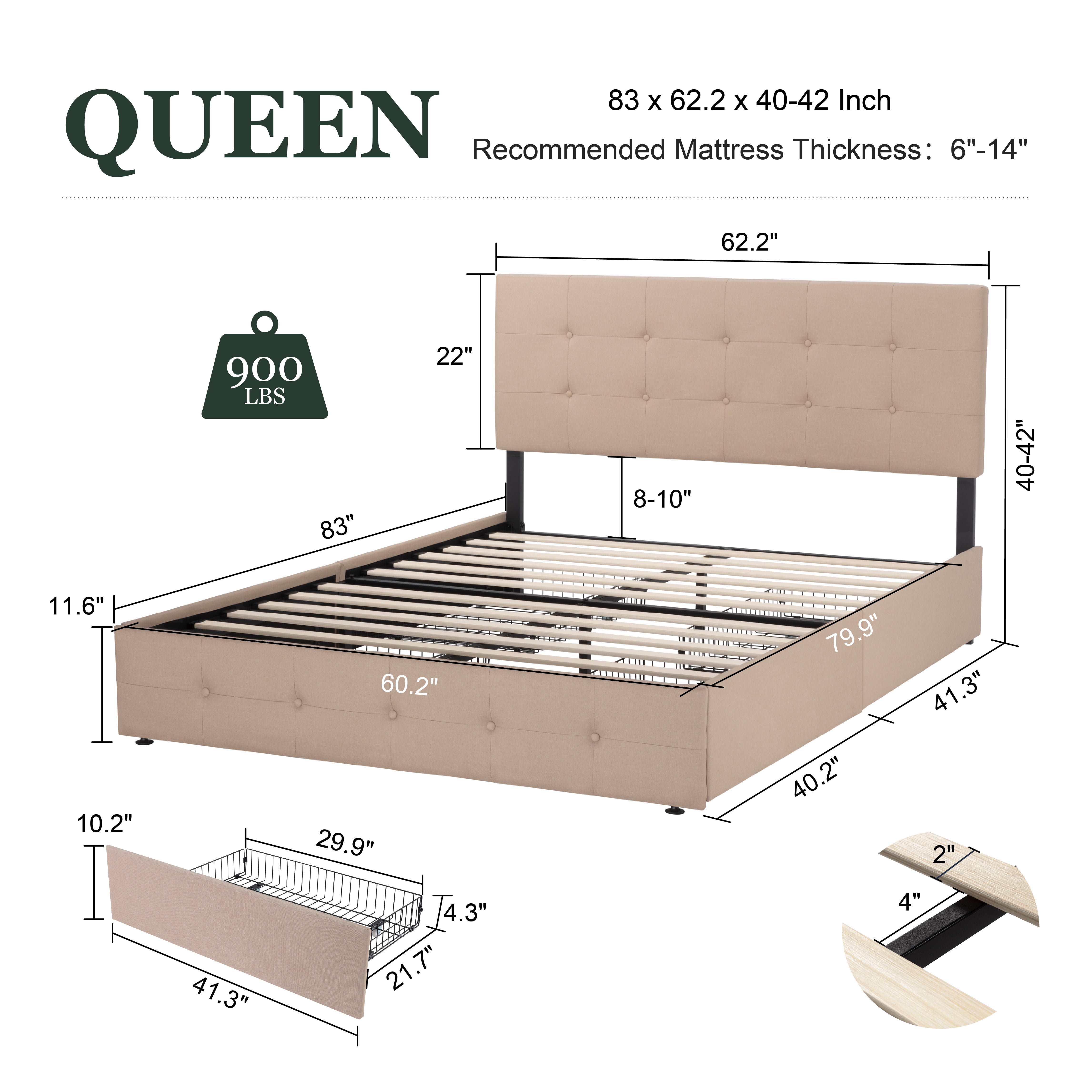 Amolife Queen Size Platform Bed Frame with Square-stitched Headboard and 4 Drawers, Beige