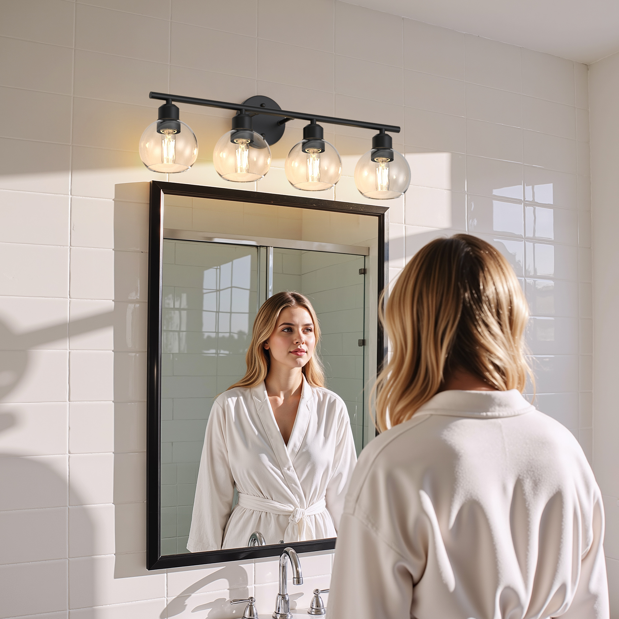 YANSUN 26.37 in 4-Light Bathroom Vanity Light Fixtures Over Mirror, Black Bathroom Light Fixtures with Clear Globe Glass Shades, for Bathroom, Powder Room, Vanity Table