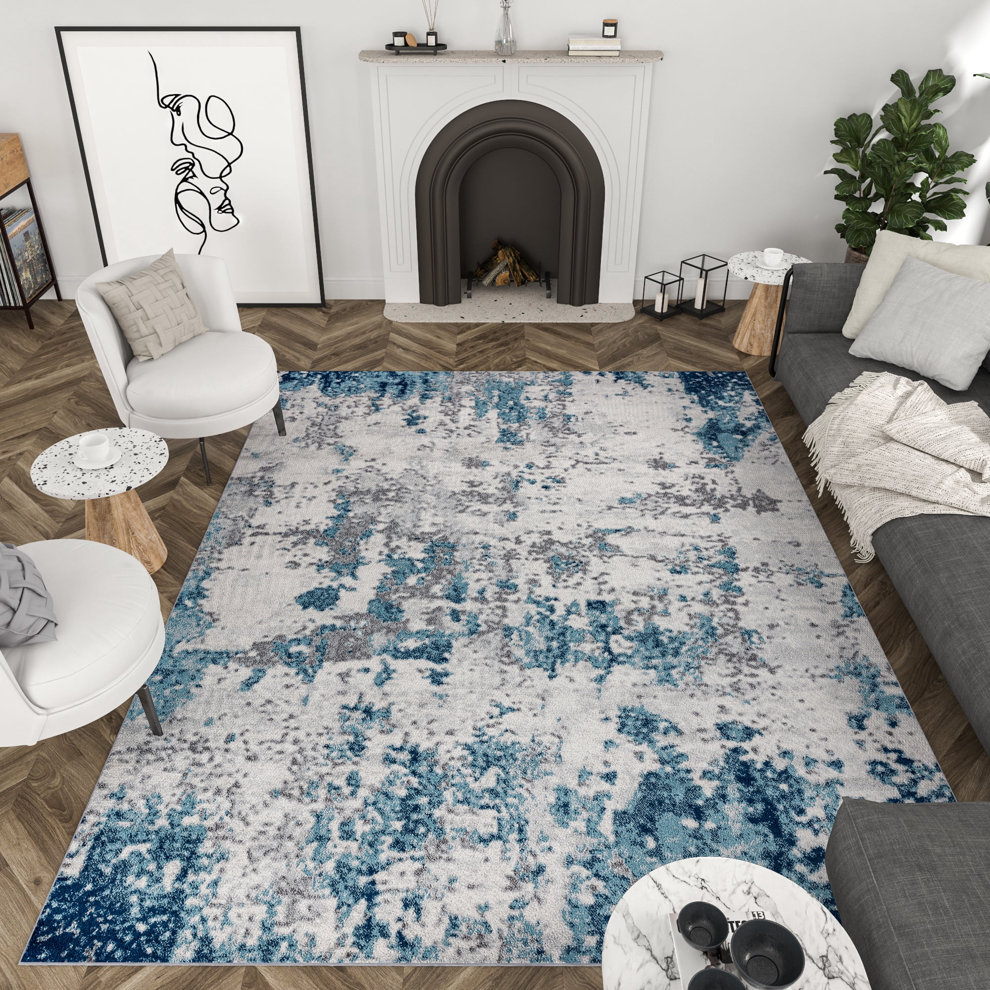 Diamond Contemporary 8' x 10' Blue and Cream Polypropylene Indoor Area Rug