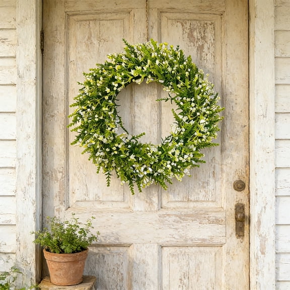 Wreath Artificial Lavender Wheat Wreath for Front Door, 14 Inch Round Decorative Wreath for Home Decor, Indoor Outdoor Hanging Decor, Spring Summer Decorations, White Floral Wreath