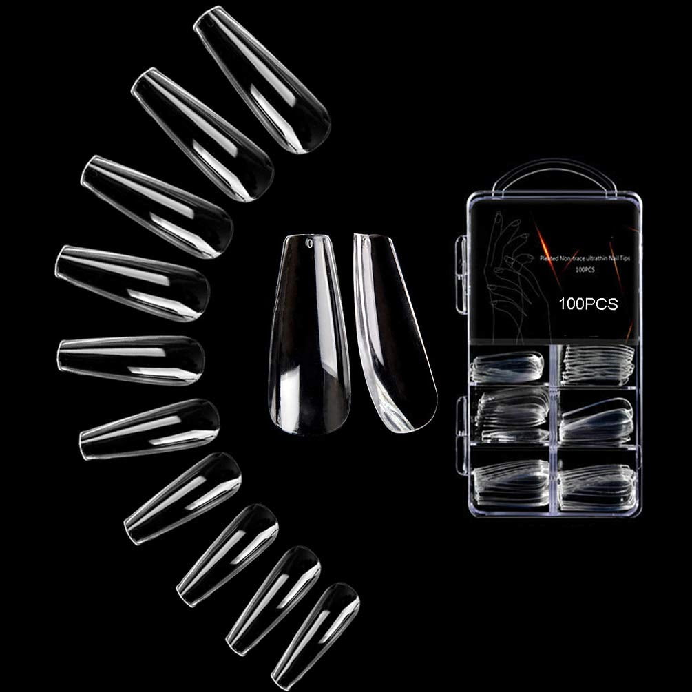 Clear Long Coffin Nails Tips,100 PCS Fake Full Cover Ballet Nails False Acrylic Nail Tips 10 Sizes