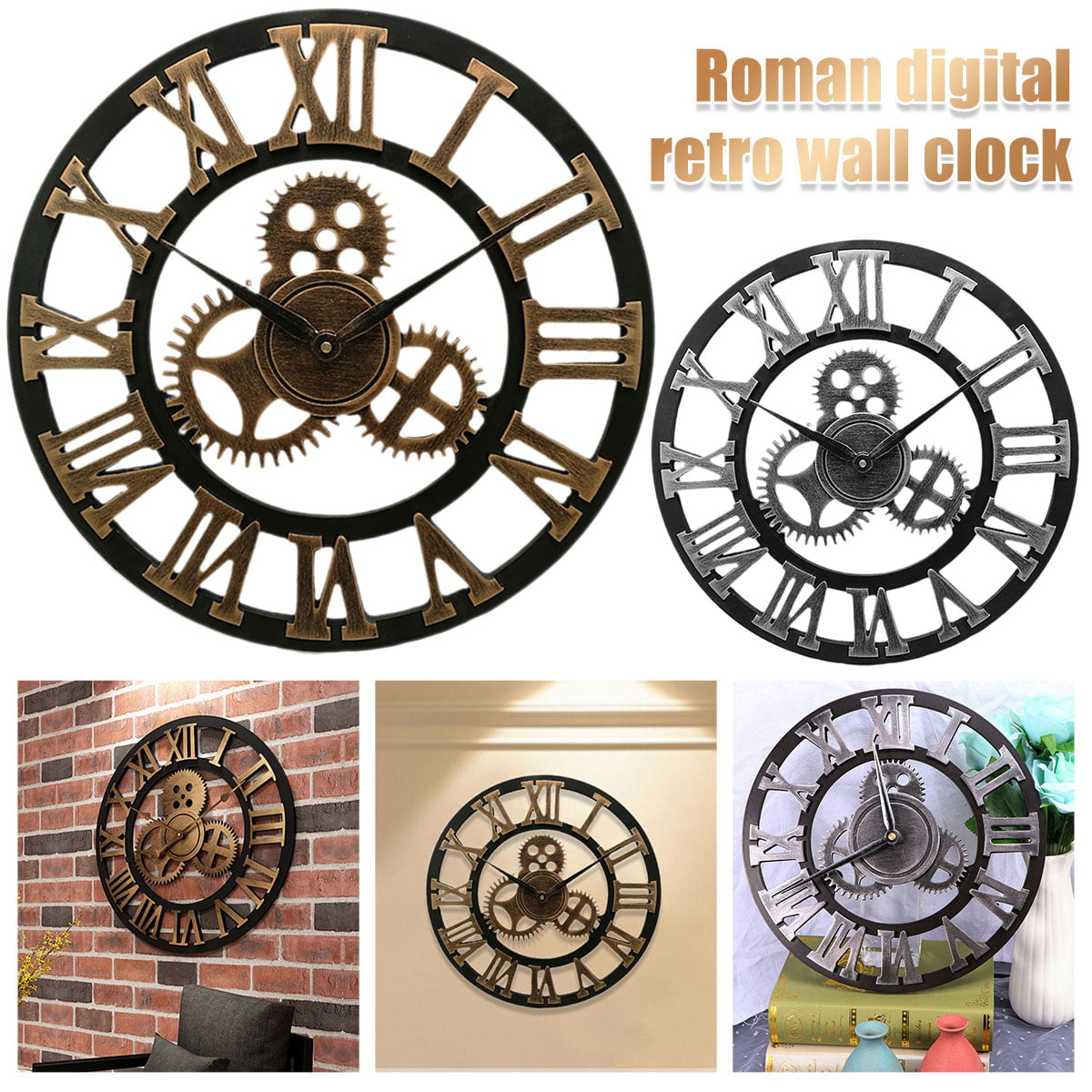 3D Gear Wooden Wall Clock Vintage Retro Roman Numerals Silent Sweep Non-ticking 
