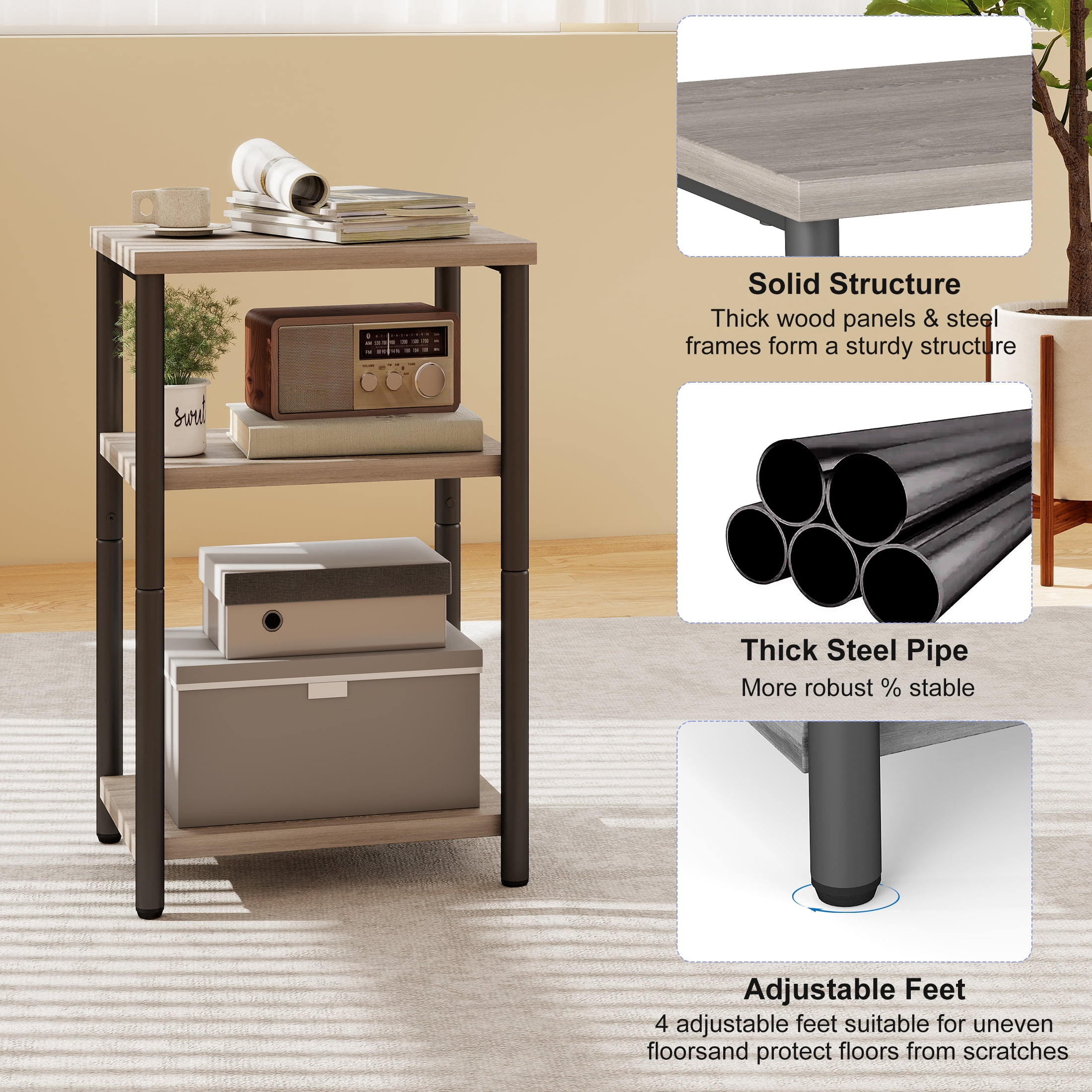 edx 3-Tier End Table, Nightstand, Storage Shelf for Living Room, Bedroom, Grey,11.81"W x 13.39"D x 22.8"H