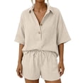 thumbnail image 3 of MuXiKeJi Clothes Linen Two Piece Set Women Shorts Lounge Wear Matching Fashion Short Sleeve Shirts And High Waist Shorts Summer Outfit, 3 of 8