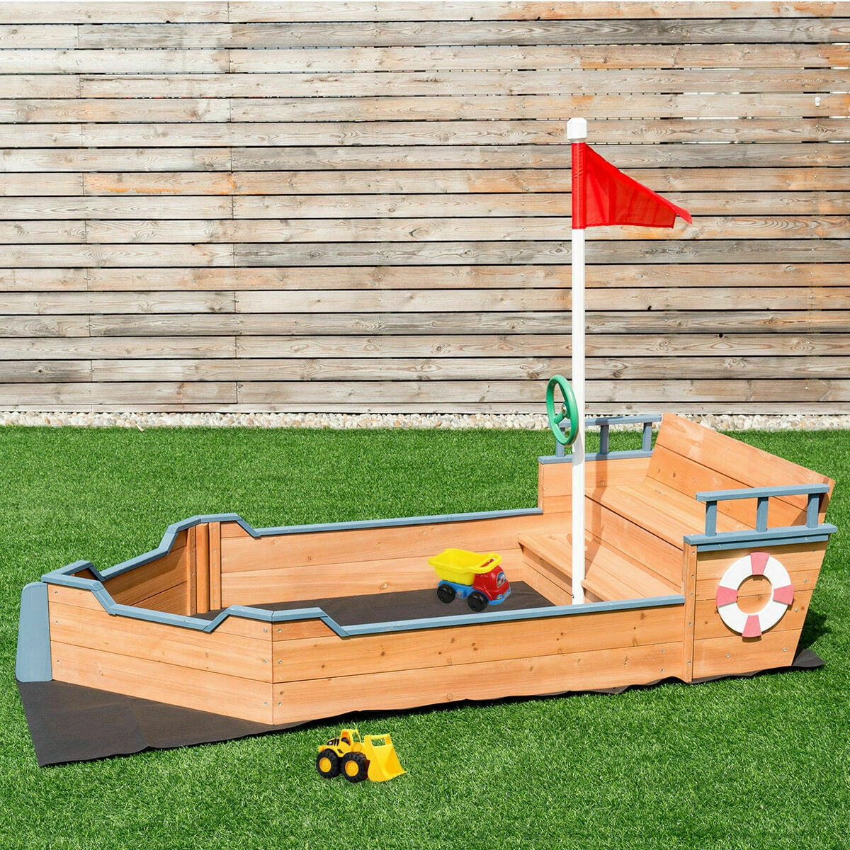 Pirate Boat Wood Sandbox for Kids with Bench Seat and Flag Pirate