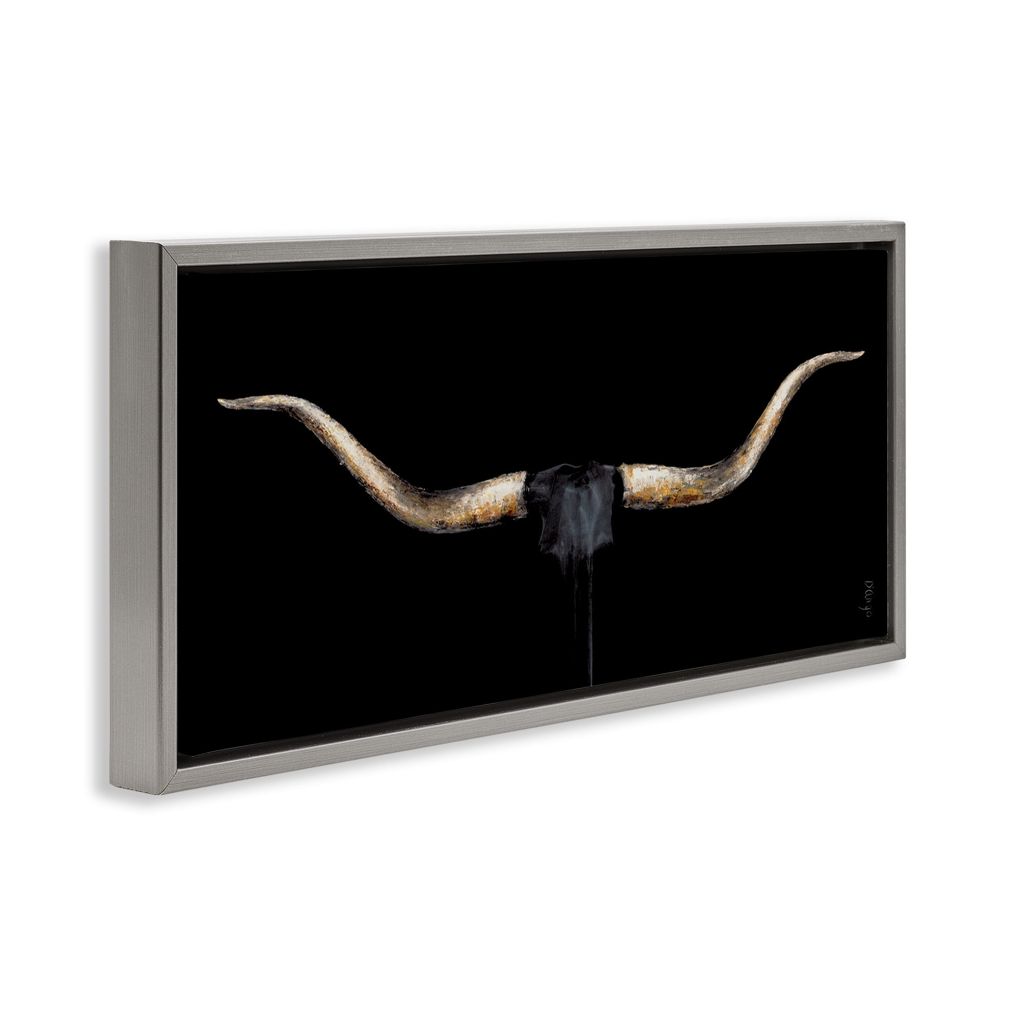 Stupell Industries Bull Horns Shadow Animal Painting Animals & Insects Painting Gray Floater Framed Canvas Art Print Wall Art, 31 x 14