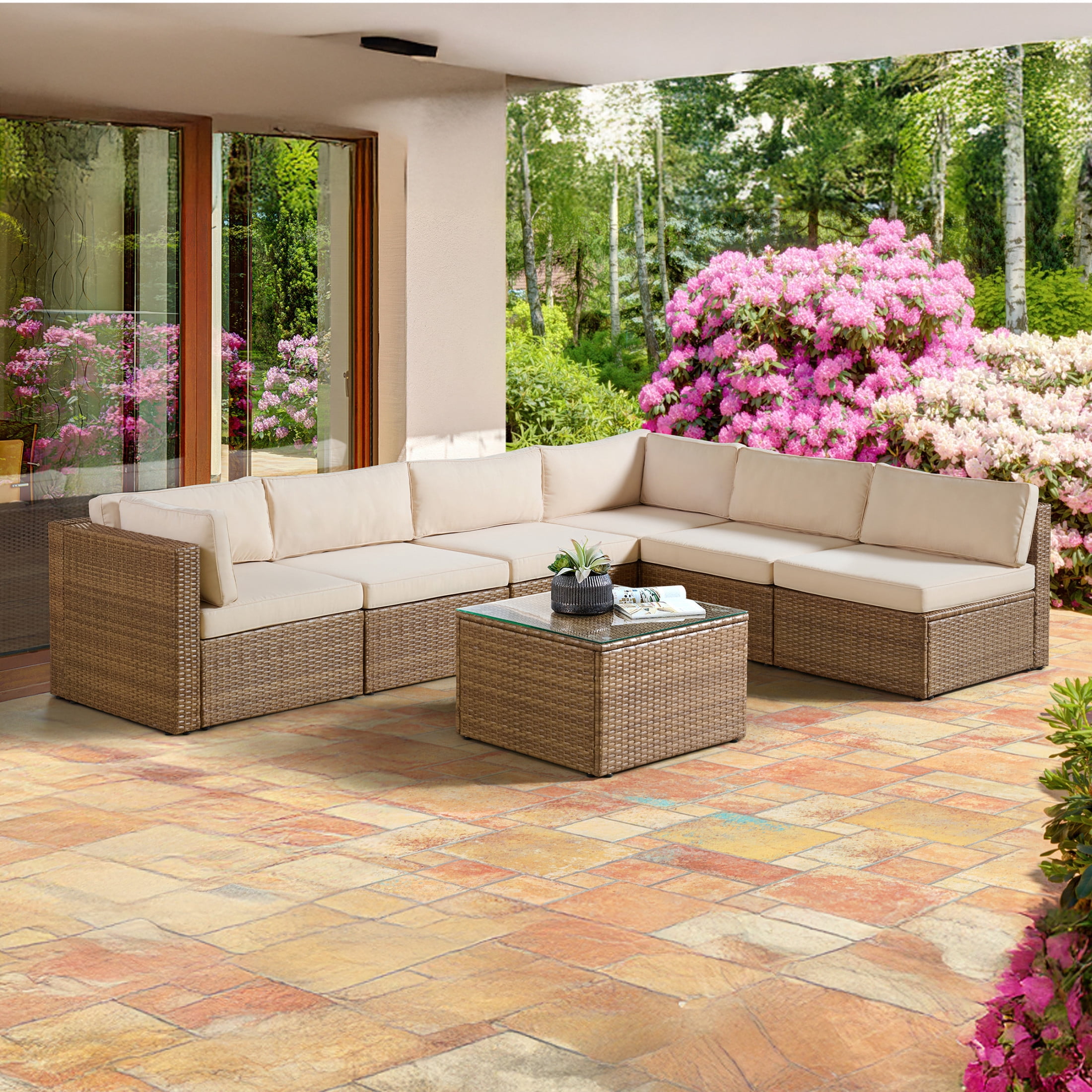 Alaterre Furniture Montara 7Pc Patio Furniture Set with Outdoor Couch and Table, Tan/Cream