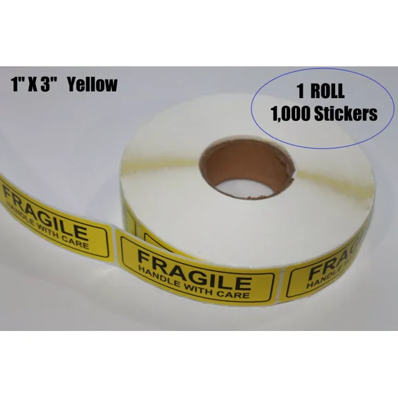 VAULT- Yellow 1-Roll 1,000 1X3 Fragile Handle With Care Stickers Labels Strong Adhesive