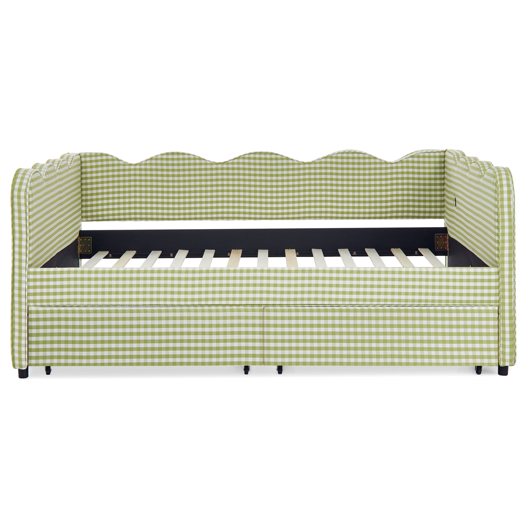 Noble House Corlan Full Size Waved Daybed, Cozy Gingham Linen Sofa Bed with Storage Drawers and Charging Port, Green