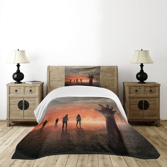 Ambesonne Zombie Quilted Bedspread Set 2 Pcs, Death Burning City, Twin Size, Salmon Pale Grey