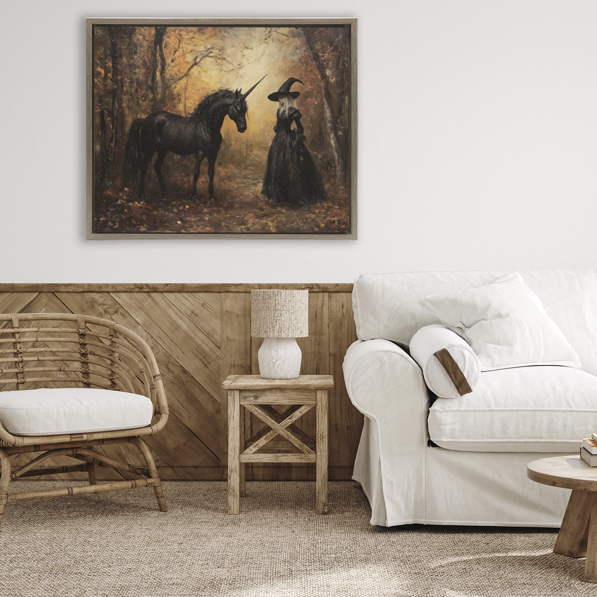 Witch & Black Unicorn Brown Framed Floater Canvas Wall Art, design by Arlington Prints