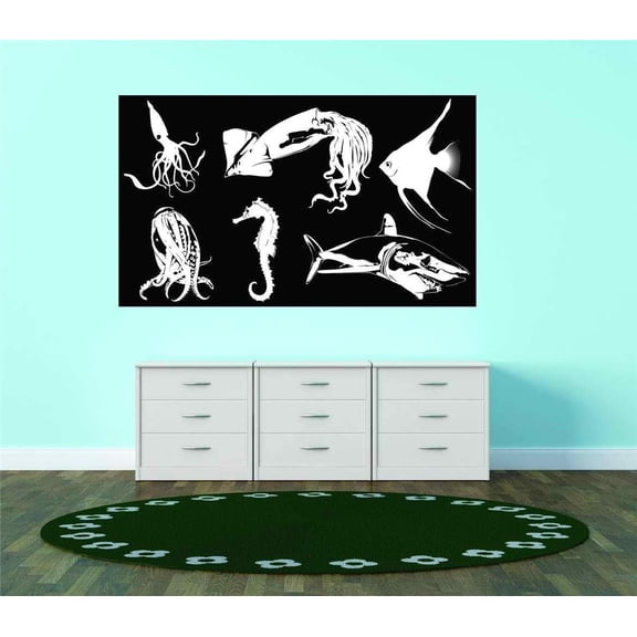 Design With Vinyl Artwork Squid Octopus Sea Horse Shark Fish Ocean Wall Decal for Family - Open Sea Fish Bait School Nets Diving Themed Décor - Size: 27 In x 36 In