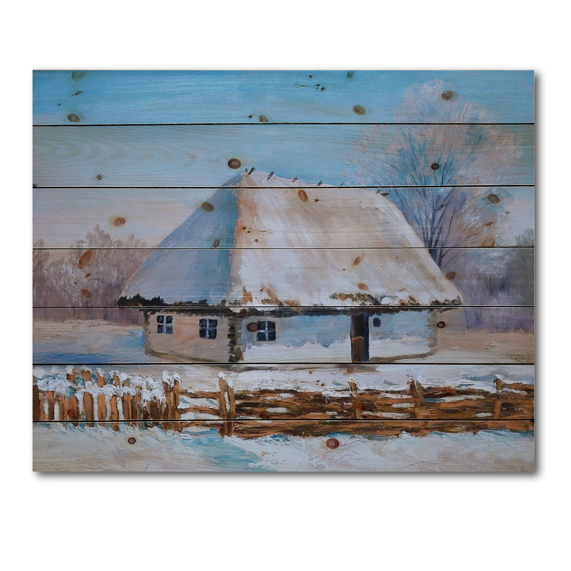 Designart 'Traditional Cottage Covered With Snow In Winter I' Traditional Print on Natural Pine Wood