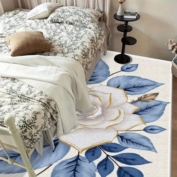 1PC Blue and White Floral Area Rug Local Rug, Lightweight Washable Easy-to-Care Carpet Floor Mat Festival Gift, Suitable for Bedroom, Living Room, Office, Dining Room, Balcony, Room Accessones