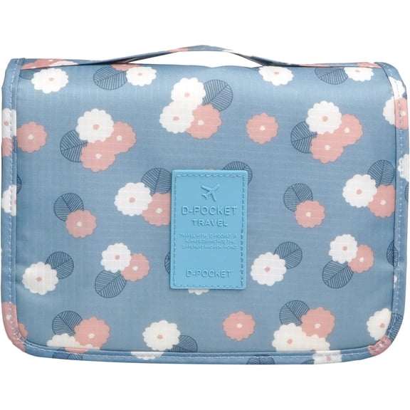 Multifunction Portable Waterproof Travel Kit Toiletry Travel Cosmetic Bag Hanging Hook for Men Women Blue Flowers