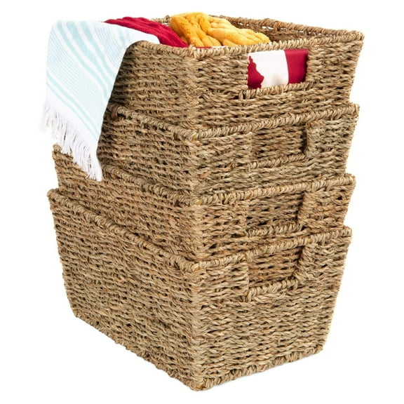 Rustic Set Of 4 Multipurpose Stackable Seagrass Storage Basket, Handwoven Laundry Organizer Totes for Bedroom and Living Room, Shelves, Pantry w/Insert Handles - Natural