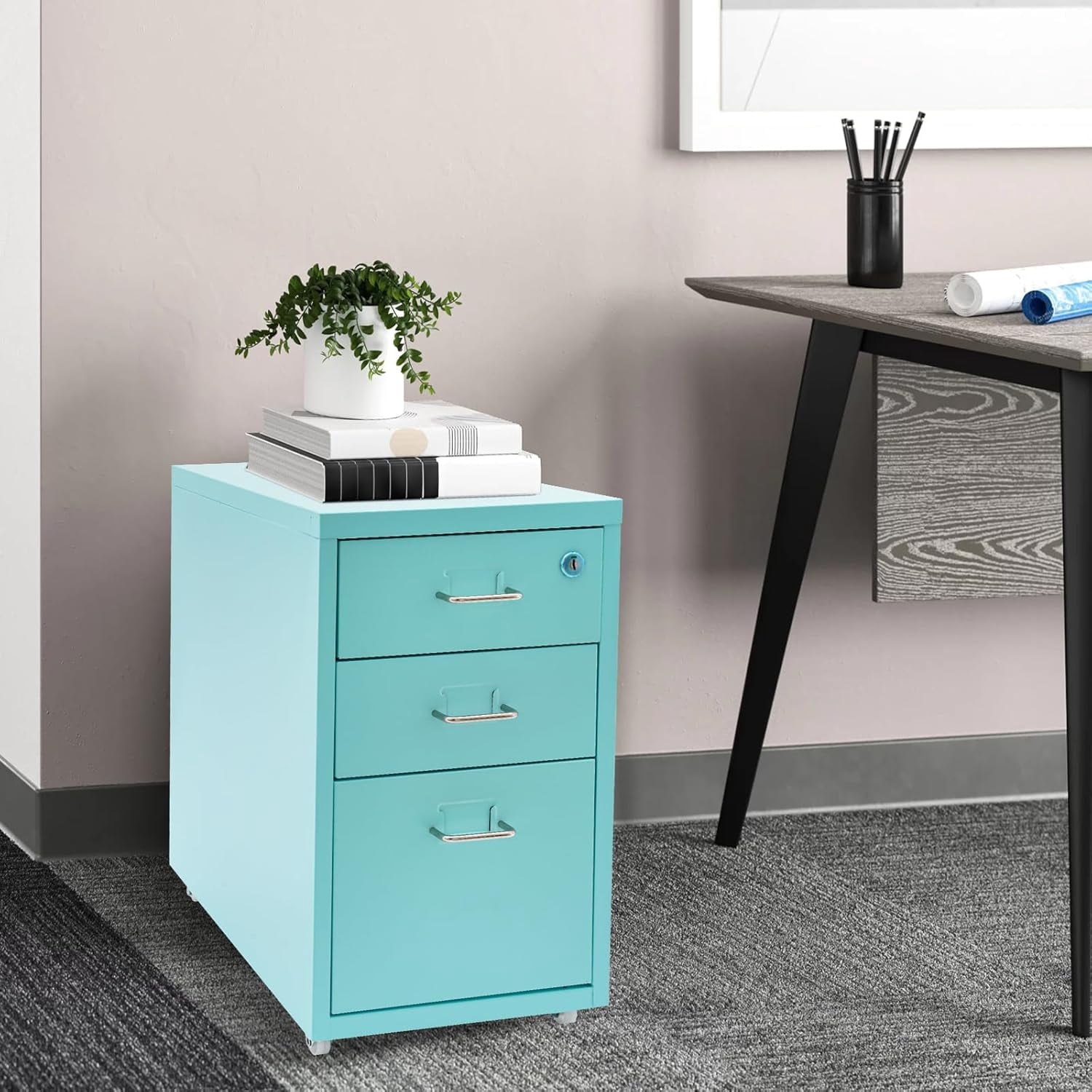 3 Drawer File Cabinet with Lock, Rolling Metal Filing Cabinet for Home and Office, 3 Drawer Storage Dresser with Wheels