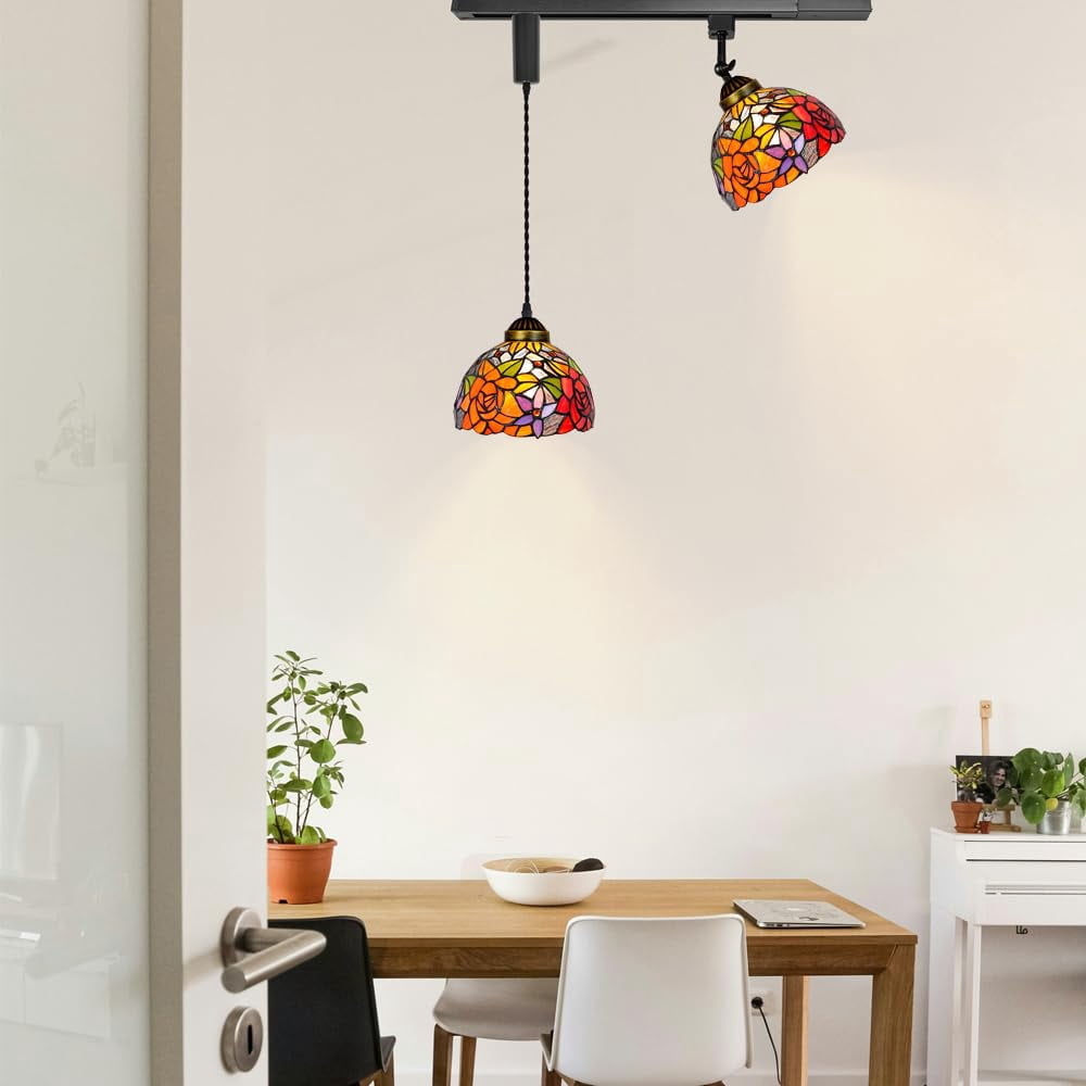 KAYYELAMP 1x Plug in Cable Track Rail, 1X Adjustable Cord, 1x Adjustable Angle Colorful Rose Pattern Handmade Glass H-Type Tiffany Track Lighting Fixture for Kitchen Loft(No Bulb)