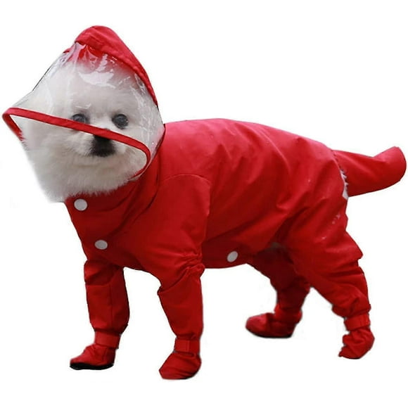 Cute Puppy Dog Raincoat, Puppy Raincoats With Hat Four-legged Waterproof All-inclusive, Dog Rain Poncho Dog Rain Boots -CHSZXLRed