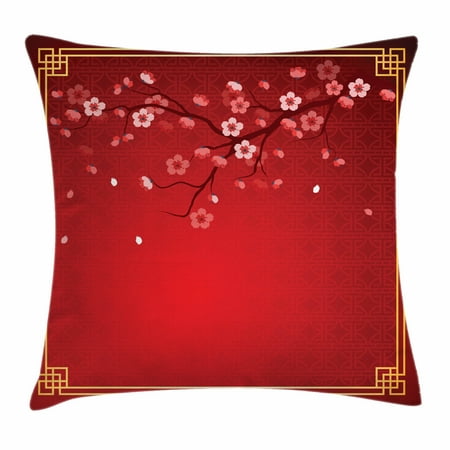 - Red Throw Pillow Cushion Cover, Flowering Branch of a Cherry Tree in Spring with Traditional Chinese Framework, Decorative Square Accent Pillow Case, 18 X 18 Inches, Red Marigold Coral, by Ambesonne