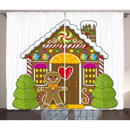 Gingerbread Man Curtains 2 Panels Set, Cute Gingerbread House with Colorful Candies Cookie Man Graphic Figure, Window Drapes for Living Room Bedroom, 108W X 96L Inches, Multicolor, by (Best Candy For Gingerbread House Windows)