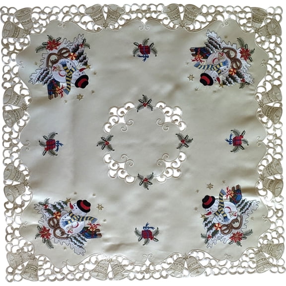 Doily Boutique Christmas Square Embroidered Tablecloth with a Snowman on Ivory Fabric Size 34 inches