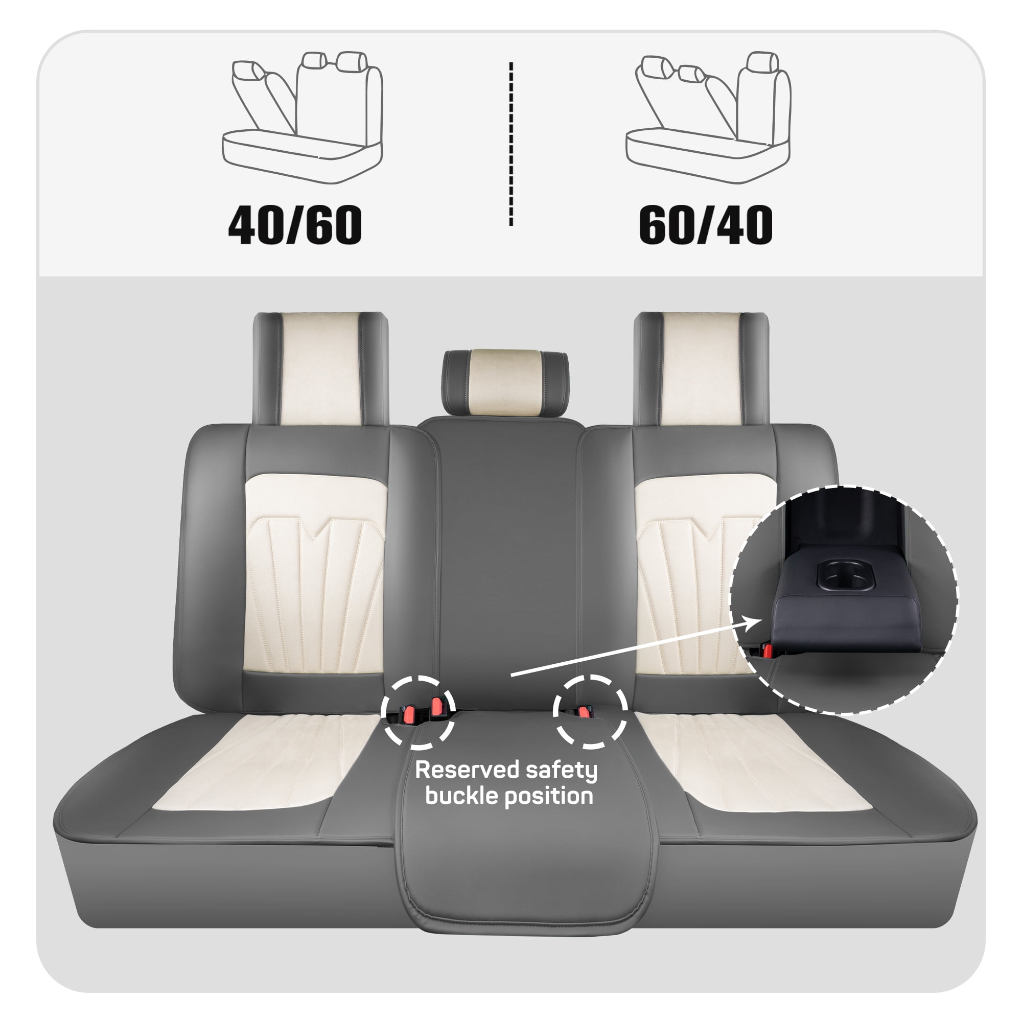 Caromop Universal Car Seat Covers Full Set,3D Foam Support in Velvet & PU Leather,Armrest Compatible for Cars, Trucks, SUVs (Beige/Gray)