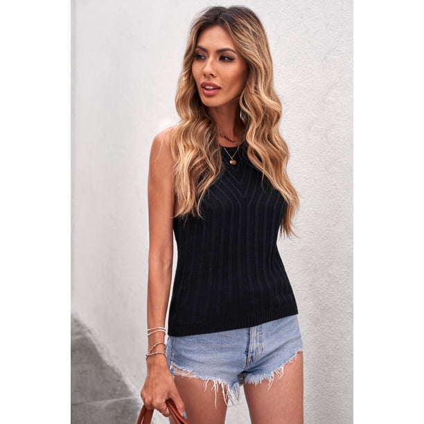 ABPHQTO Camiseta sin mangas halter recortada de canalé negra para mujer