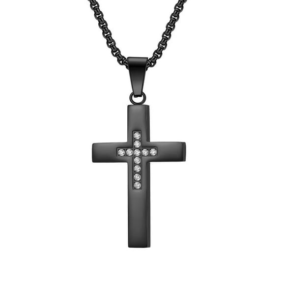 PAMTIER Men's Stainless Steel Glossy Simple Religion Belief Church Prayer Cross Zircon Inlay Amulet Pendant Necklace Statement Black 23.6" Chain
