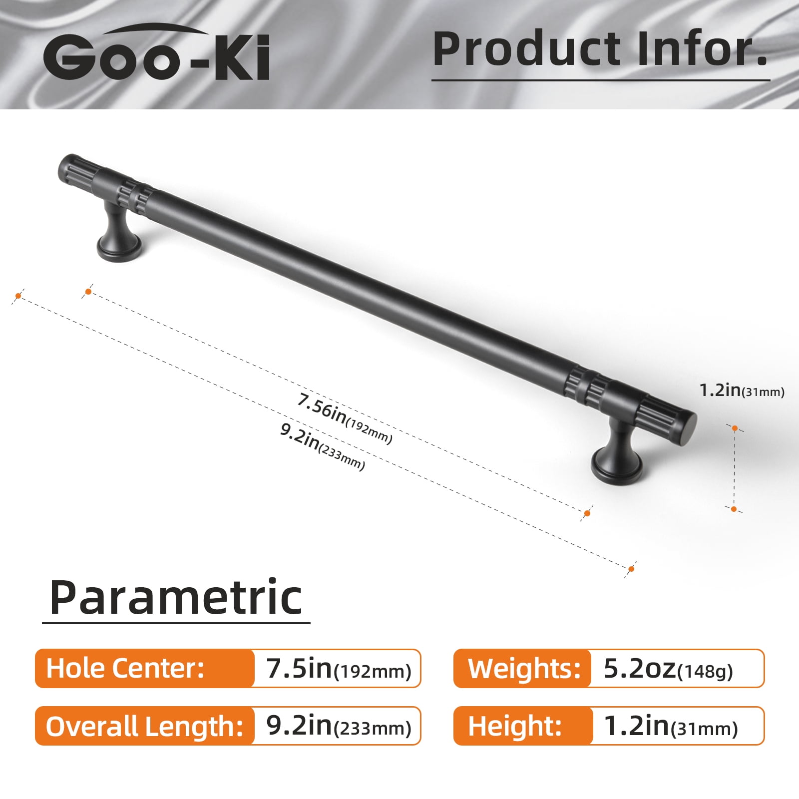 Goo-Ki Matte Black Cabinet Handles of 7.6''(192mm) Hole Center, Zinc Alloy Cabinet Pulls for Drawer,Dresser,Cupboard Wardrobe Cabinet,6 Pack