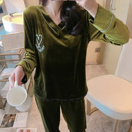

DanceeMangoo V-neck Pajamas Autumn Winter Womens Warm Long Sleeve Golden Velvet Pajamas Set Loose Adult Women Sleepwear Set Soft Pajama Set