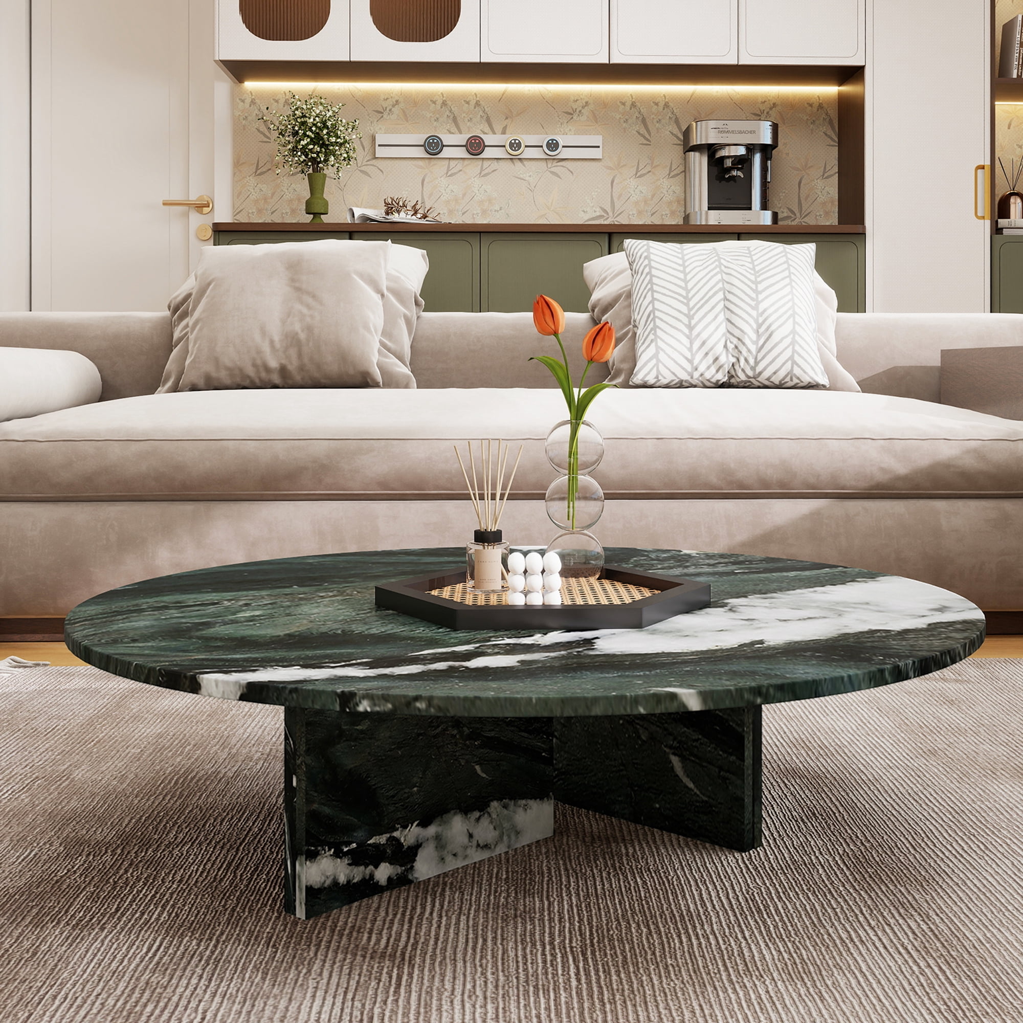MDQMD Real Marble Coffee Table with Unique Texture for Living Room,Minimalist Luxury Coffee Table for Home Decor,Green