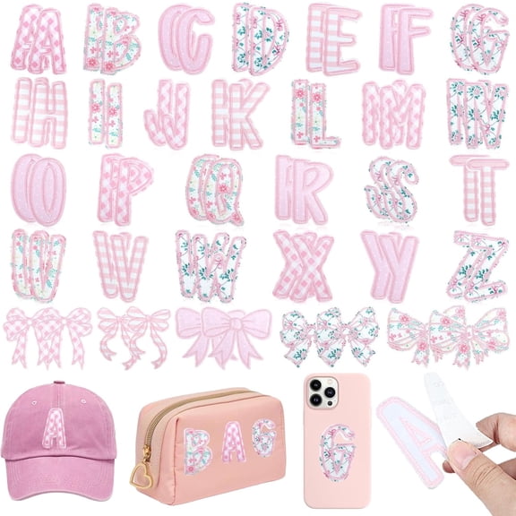62Pcs Self-Adhesive Letter Patches for Backpacks, Cute Bows Patch Stick for Clothing Backpacks Hats DIY Accessories