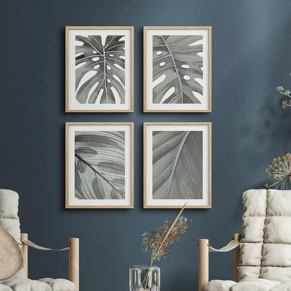 PixonSign Framed Wall Art Black and Gray Tropical Jungle Palm Leaf Posters, Set of 4 Floral Botanical Canvas Prints, Nature Wilderness Plant Digital Art Wall Décor - 11"x14" Natural