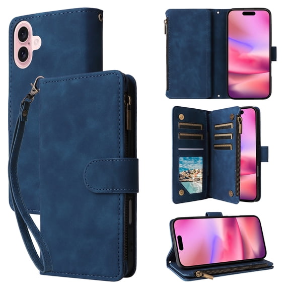 Dteck Zipper Wallet Case for iPhone 17, Premium PU Leather TPU Card Holder Slots Pocket Case Magnetic Closure Shockproof Kickstand Cover with Wrist Strap,Blue